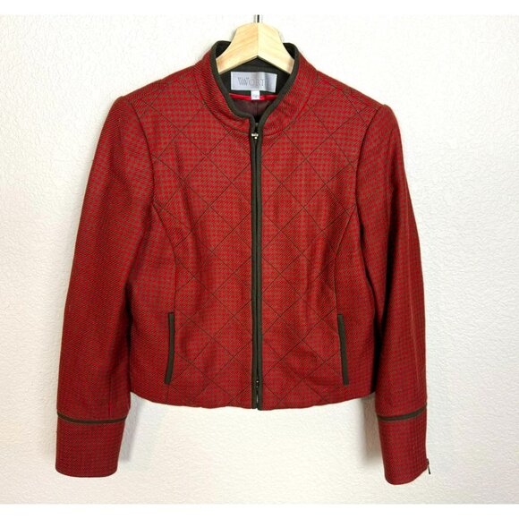 Worth Women's Blazer Jacket Size 4 Wool Houndstooth Quilted Red Career Full Zip - Picture 1 of 12